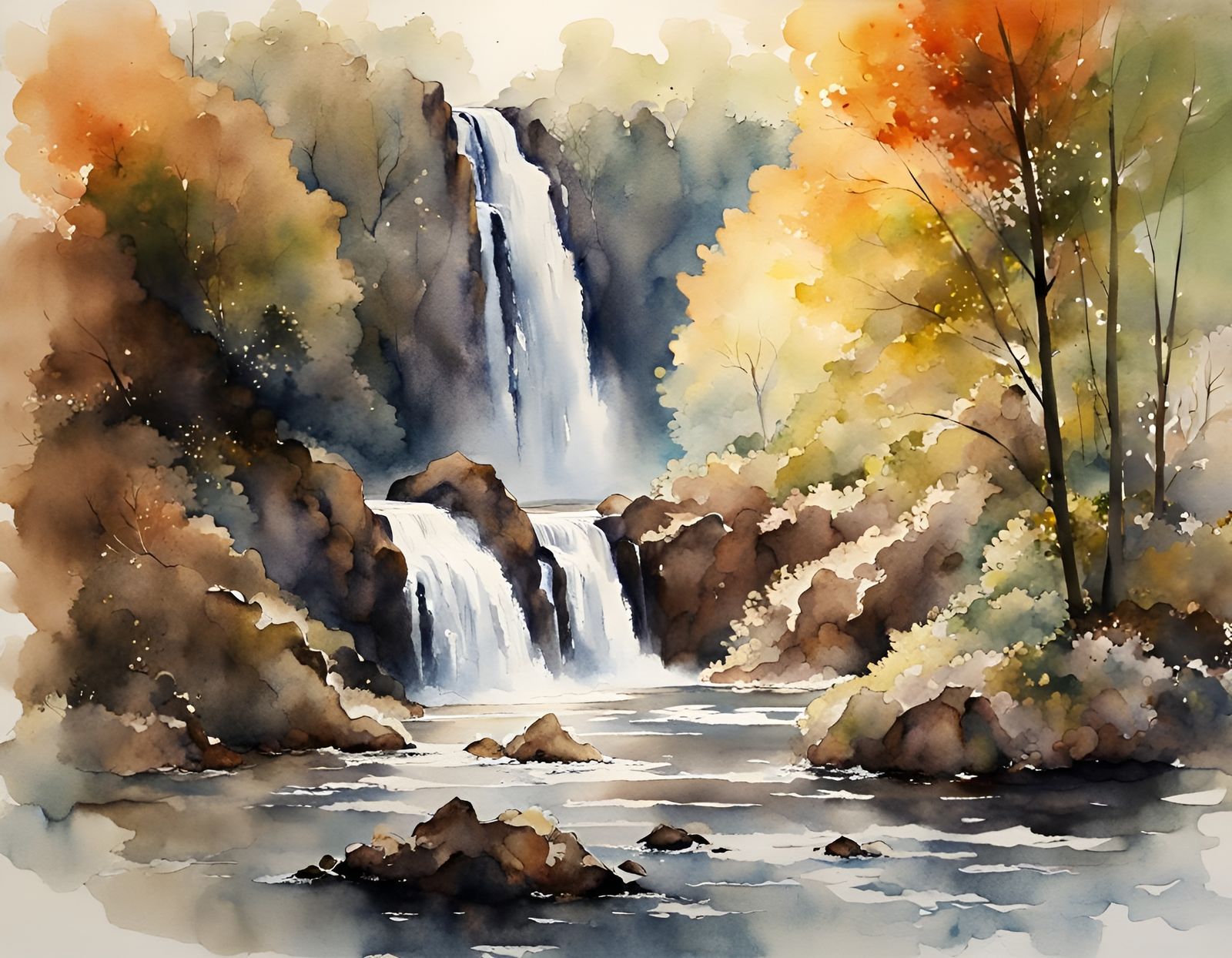 Whimsical Waterfall: Intricate Watercolor Masterpiece