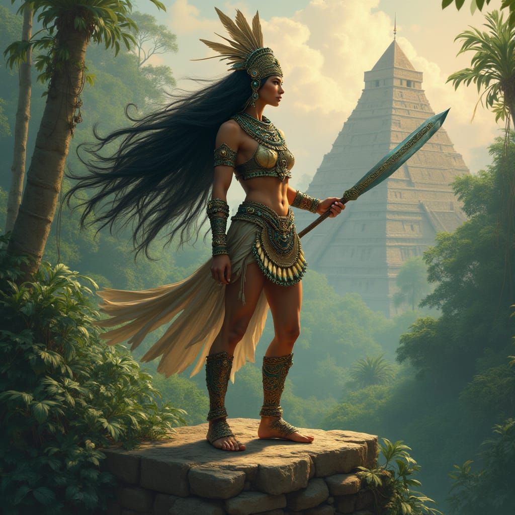 Aztec Warrior Queen on Pyramid in Hyperrealistic Style