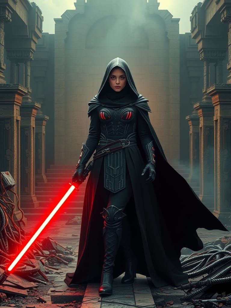 Imposing Dark Jedi with Crimson Lightsabers