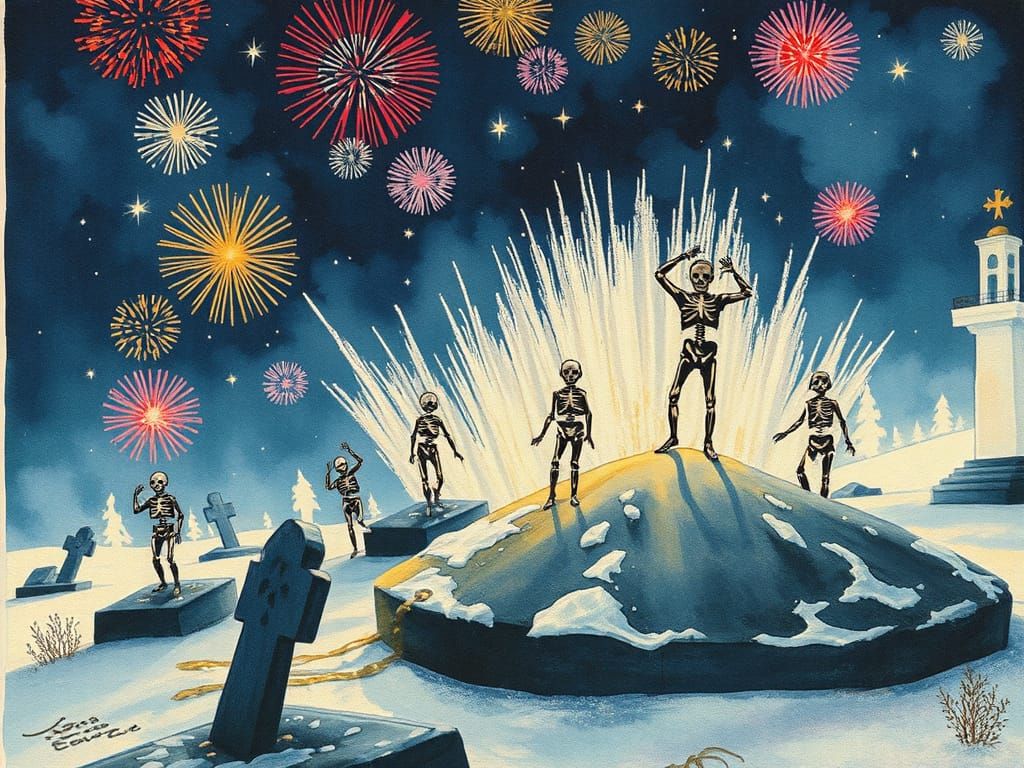 Skeletons Dancing on Graves with New Year Fireworks