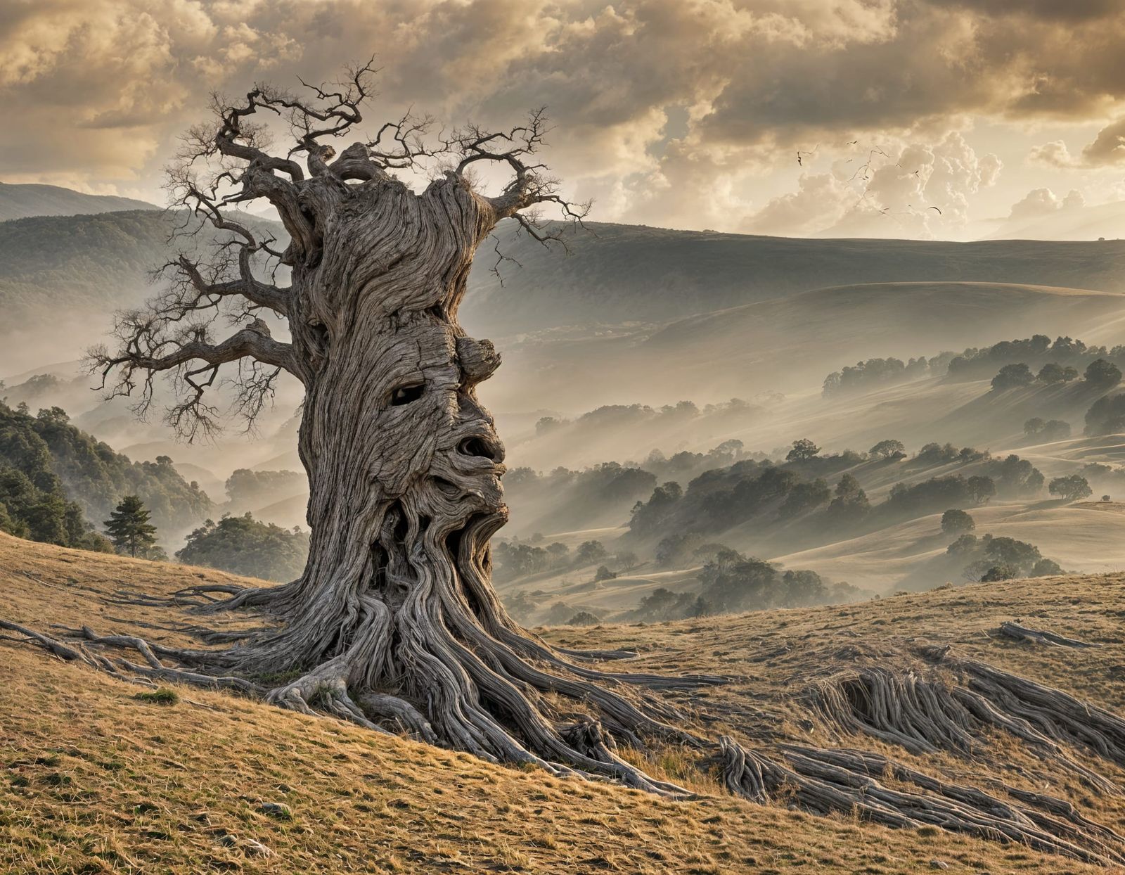 Ancient Tree with Enigmatic Face in a Hilly Landscape
