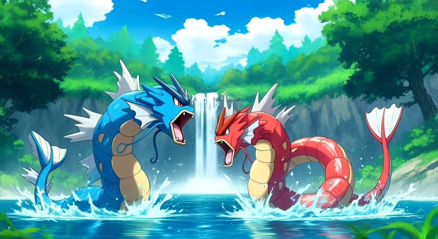 Gyarados vs Red Gyarados in Anime Style