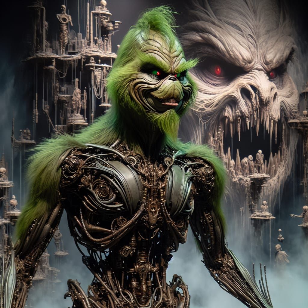 Biomechanical Grinch in Dark, Sinister Hyperrealism