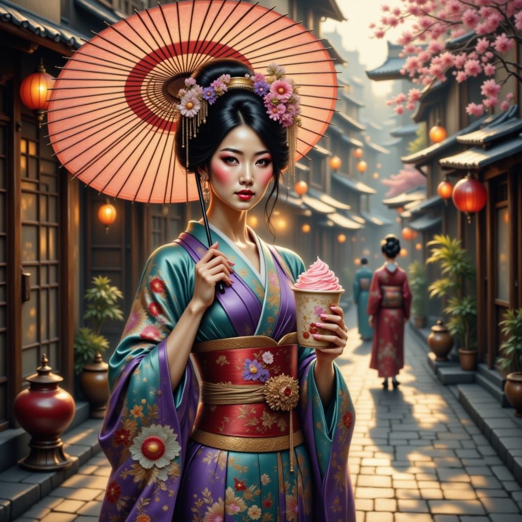 Geisha Enjoys Cherry Shaved Ice in 1930s Japan