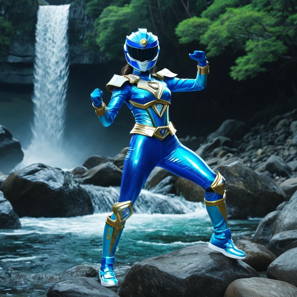 Dynamic Blue Super Sentai Heroine Near Waterfall