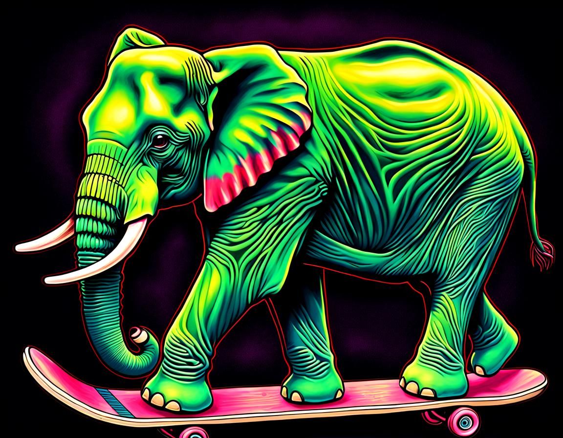 Watermelon Elephant Rides Halfpipe in Psychedelic Tattoo Art