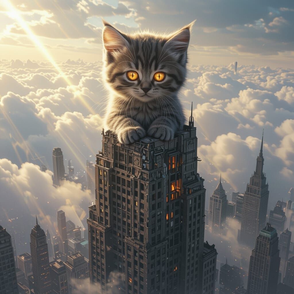 Colossal Kitten Perched on Skyscraper