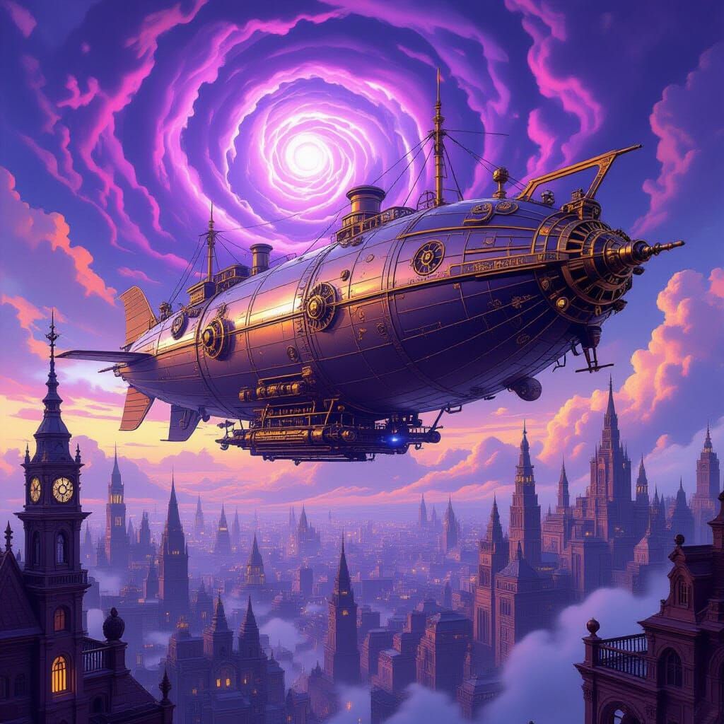 Steampunk Airship Soaring Over Clockwork Metropolis