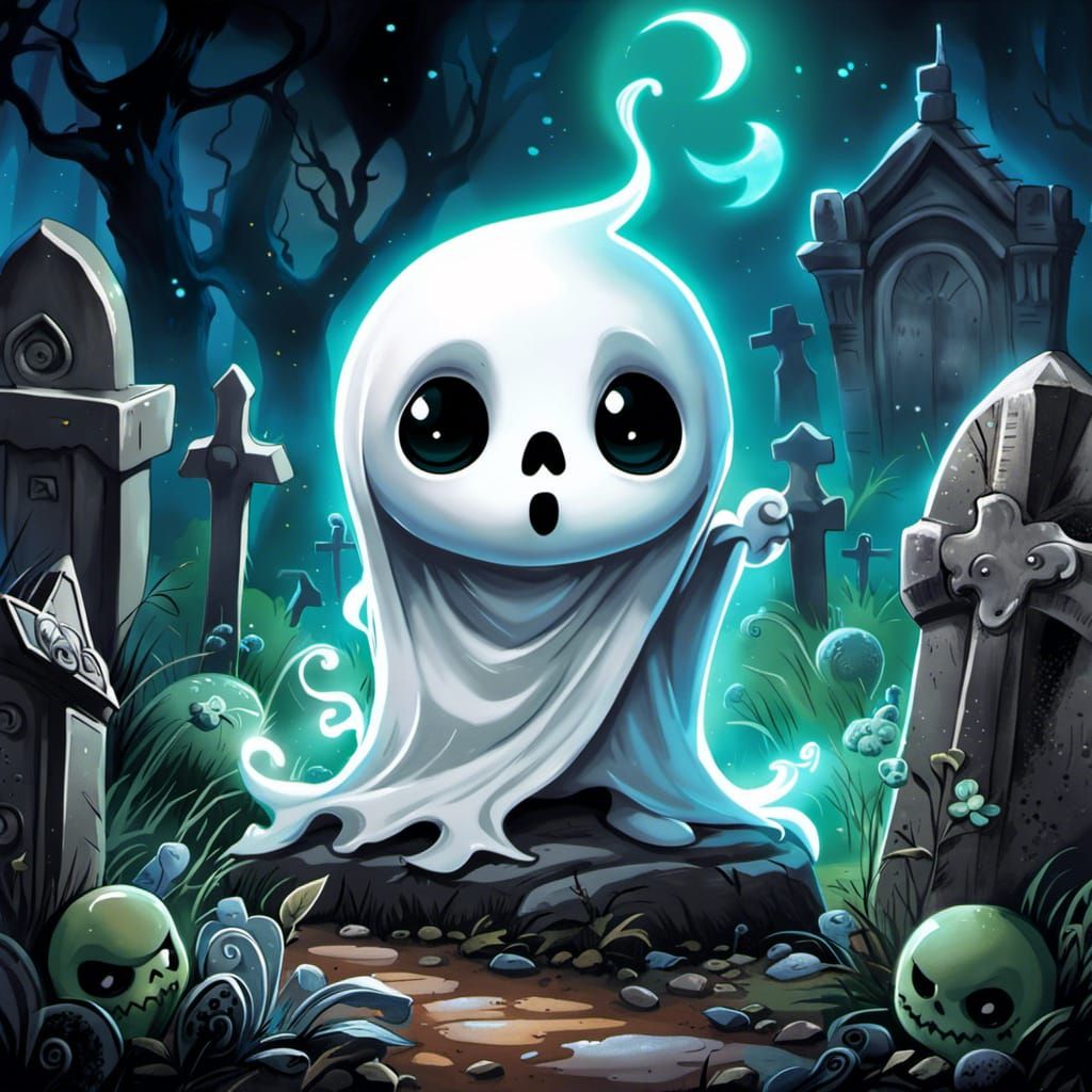 Chibi Ghost in Haunted Graveyard: Watercolor Art