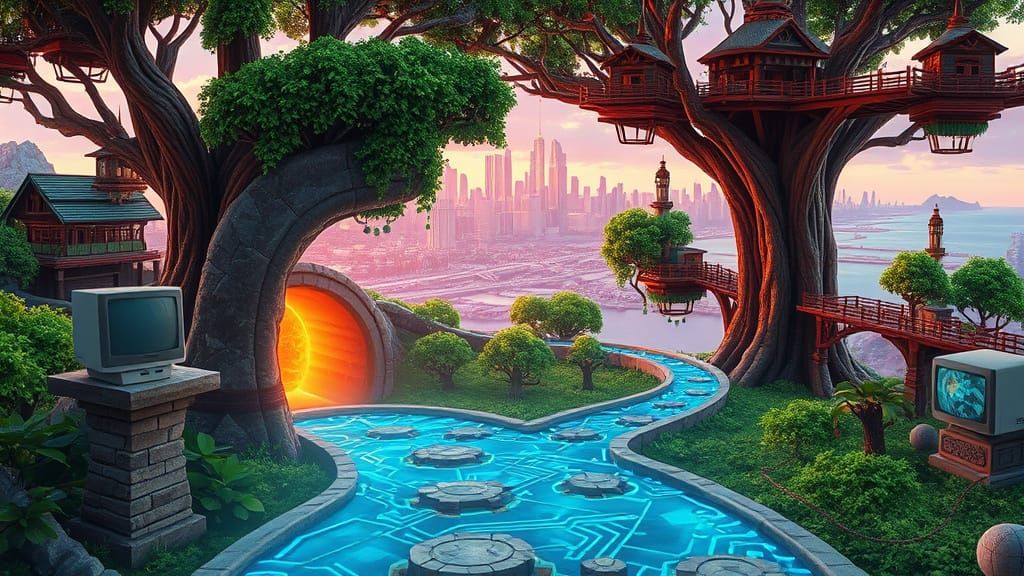 Fantastical Sky-City: Ancient Trees and Futuristic Tech