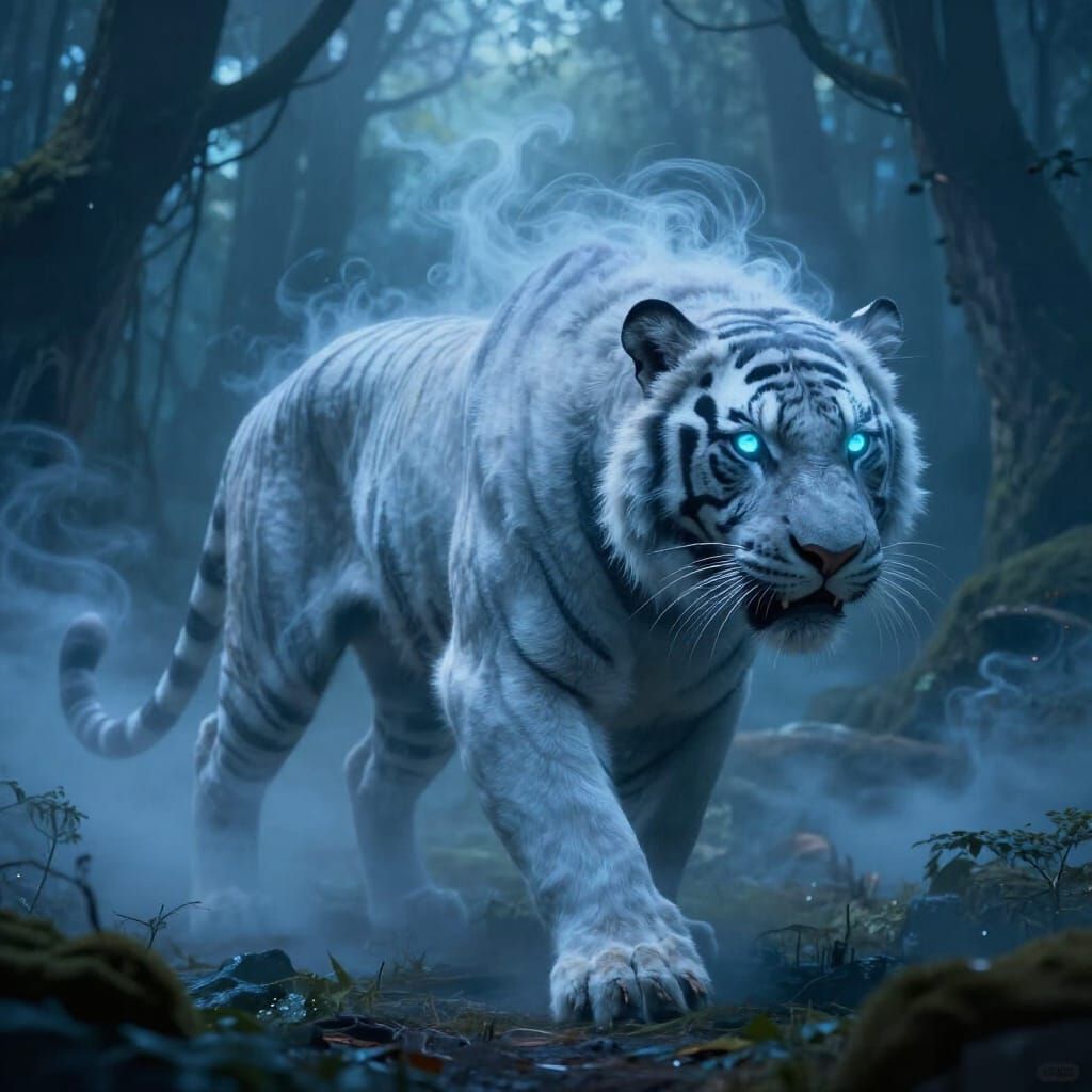 Albino Smilodon Emerges from Misty Twilight Forest