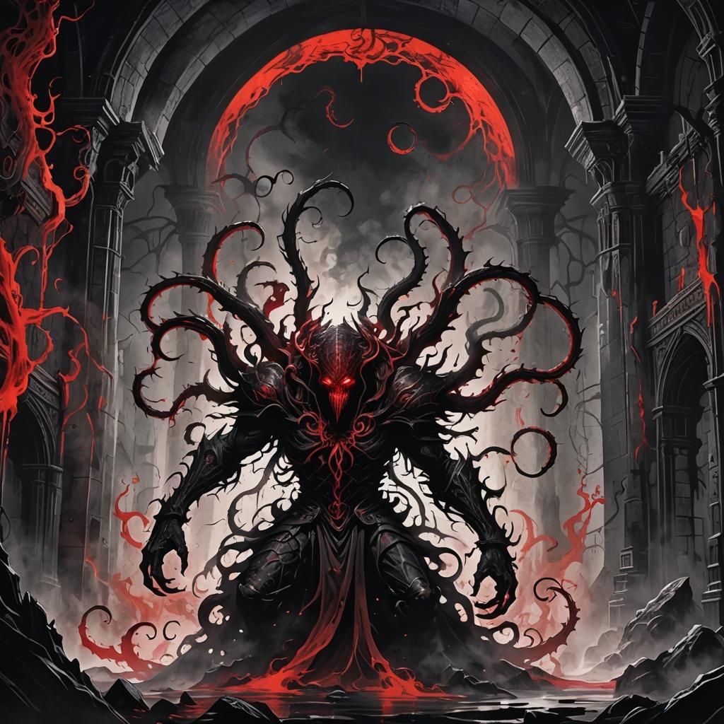 Eldritch Monster in Medieval Lair Ink Wash Painting