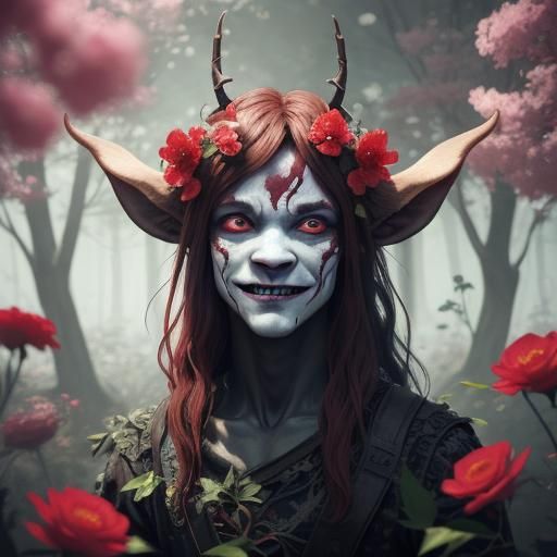 Startled Faun Biting Crimson Flowers: 3D Anime Art