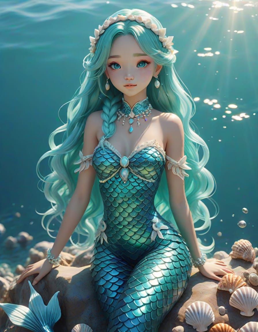 Ethereal Aquamarine Mermaid in Vibrant 3D Anime Style