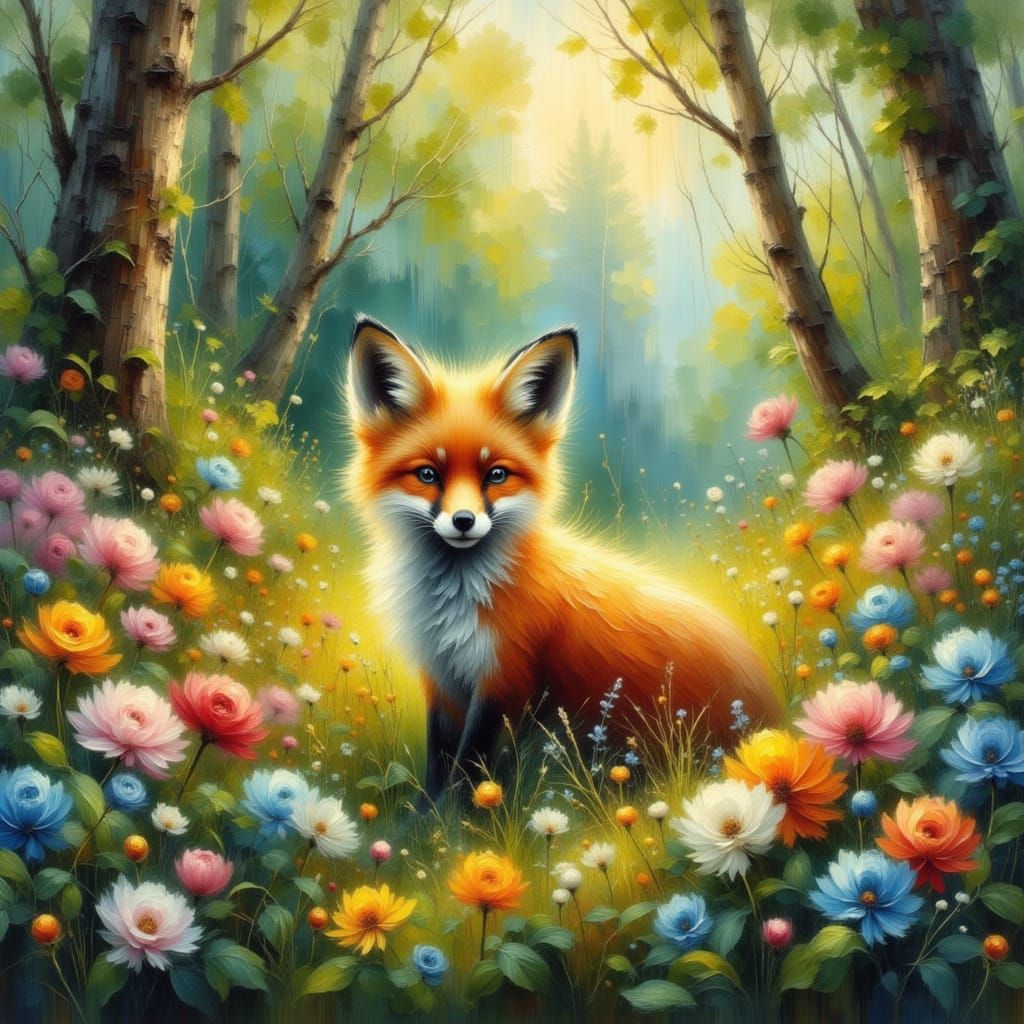 Hyperrealistic Baby Fox Among Wildflowers in Sun-Dappled For...