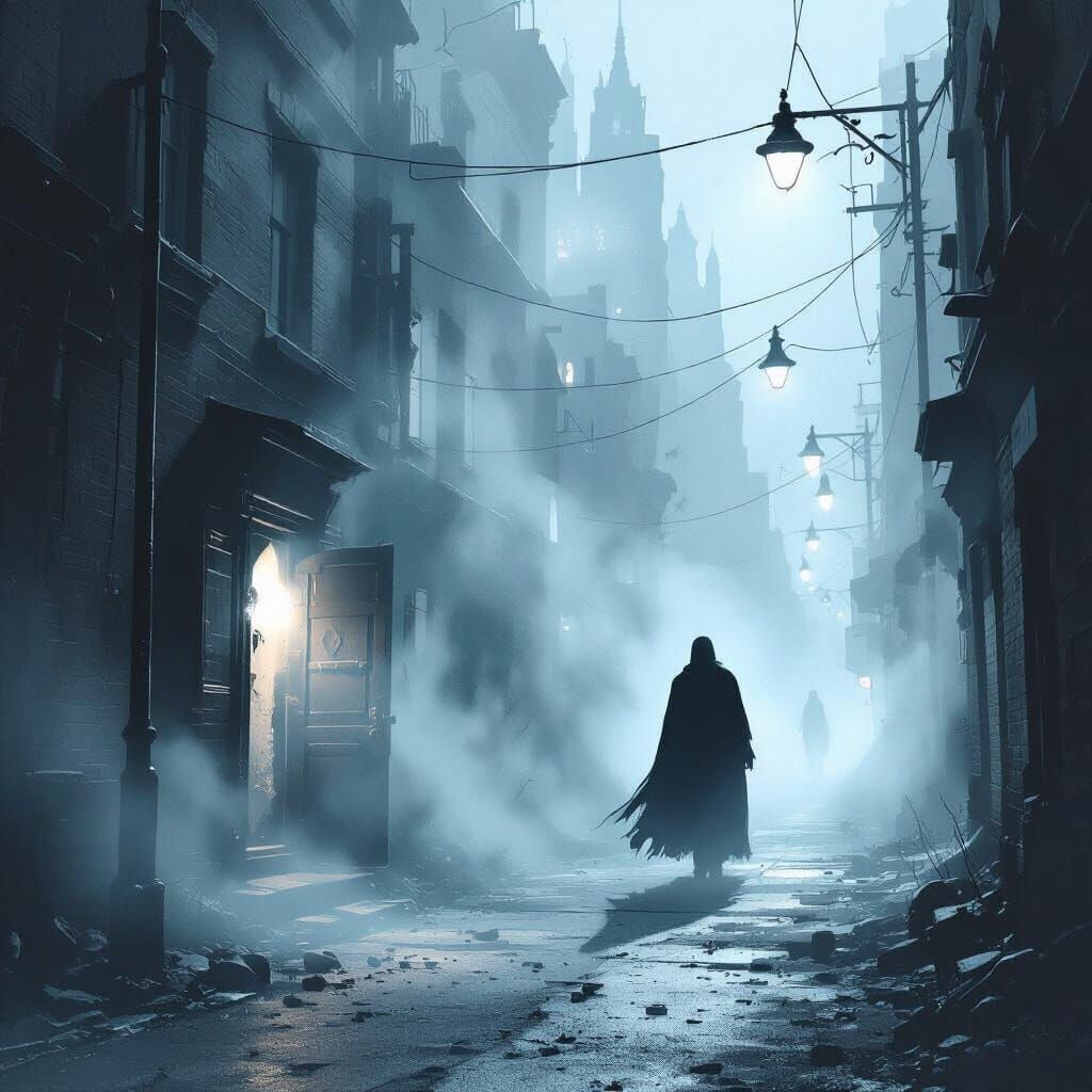 Eerie Misty City Street at Night with Mysterious Figure