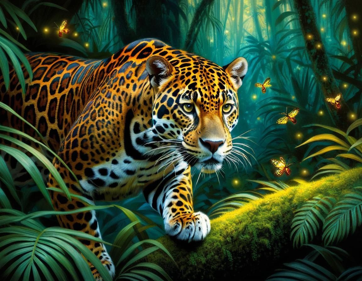 Luminous Jaguar Portrait in Rainforest Night, Hyperrealism