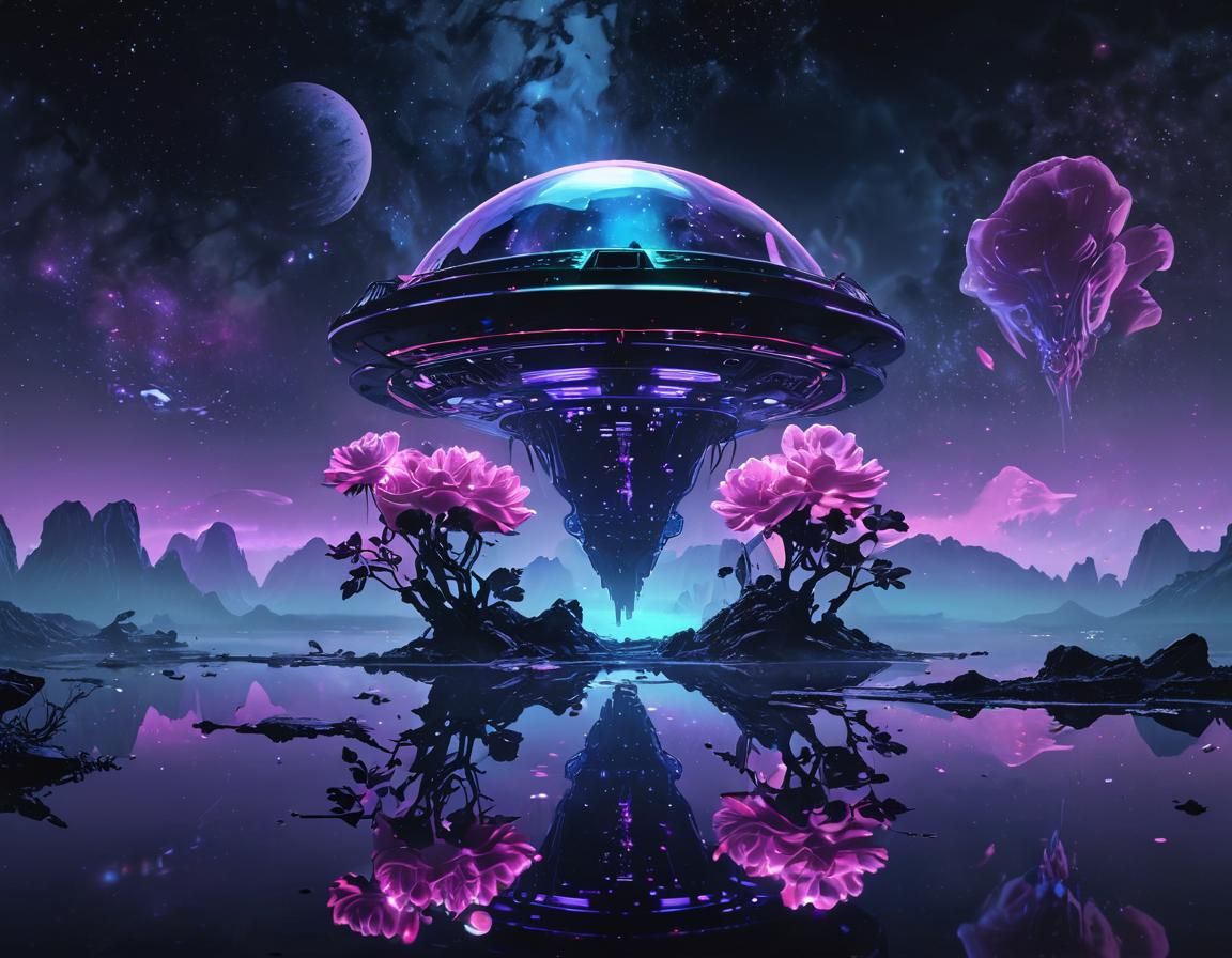 Aliens Emerging in Holographic Watercolour Landscape