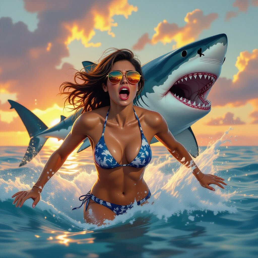 Woman, Shark, Sunset: Hyperrealistic Art with Dynamic Lighti...