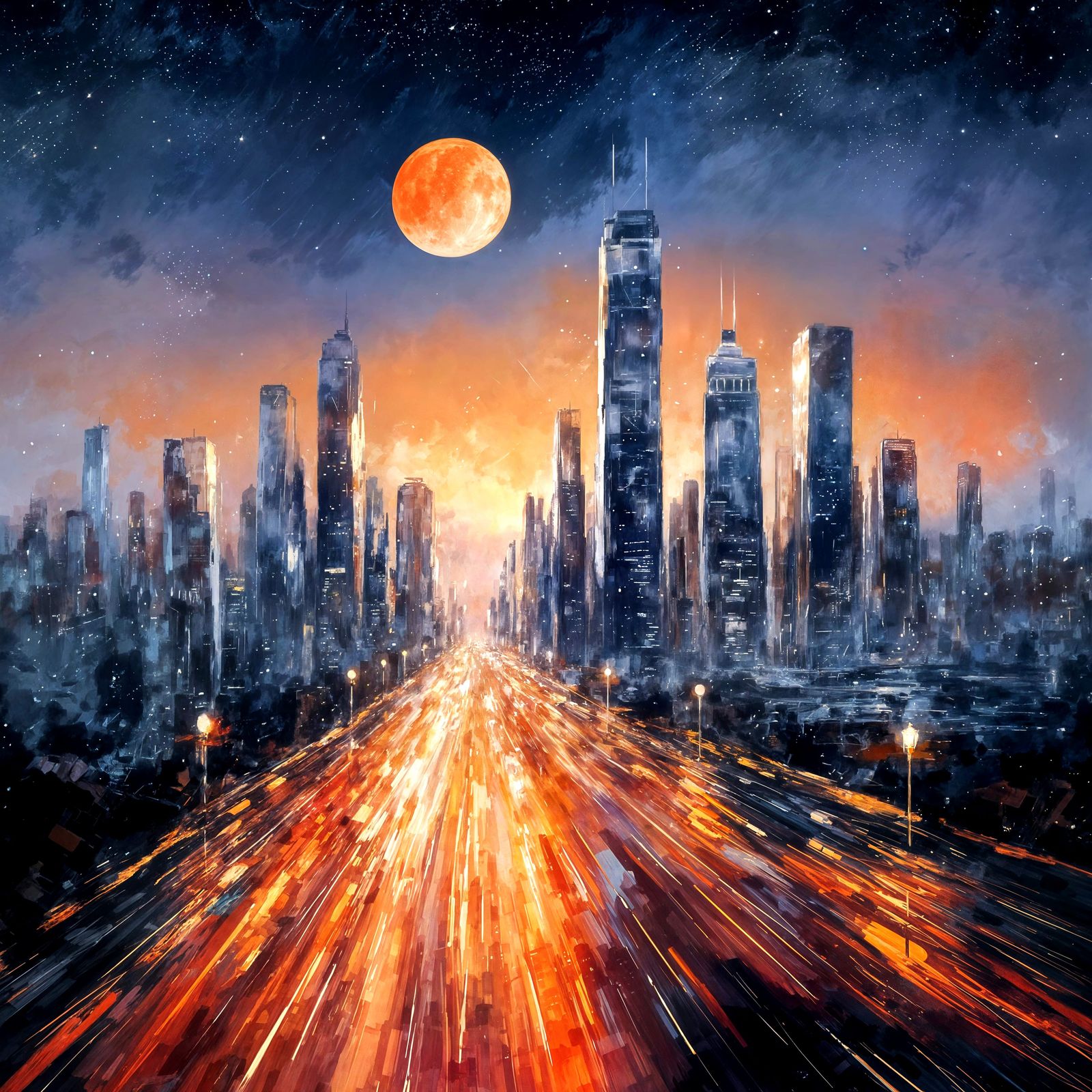 Ethereal Megacity at Dusk in Impressionist Style
