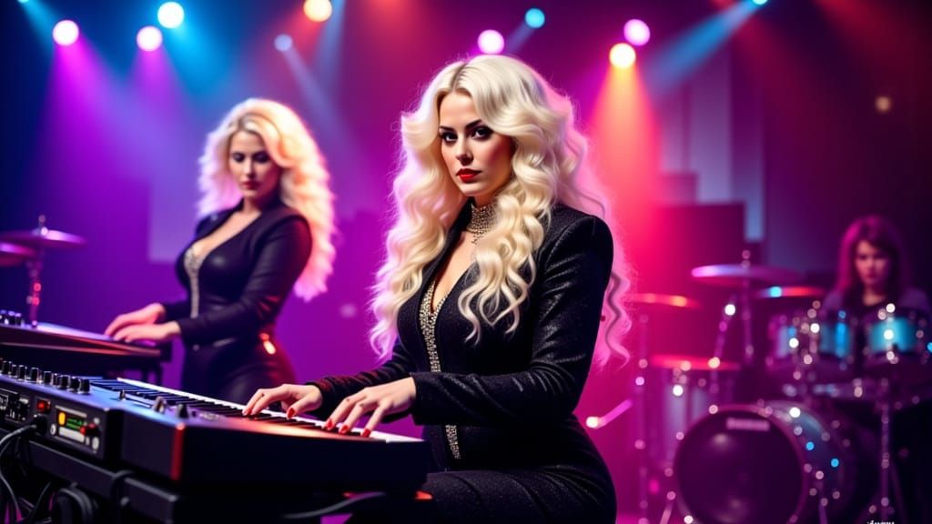 Woman in Sparkling Suit Plays Synthesizer on Stage