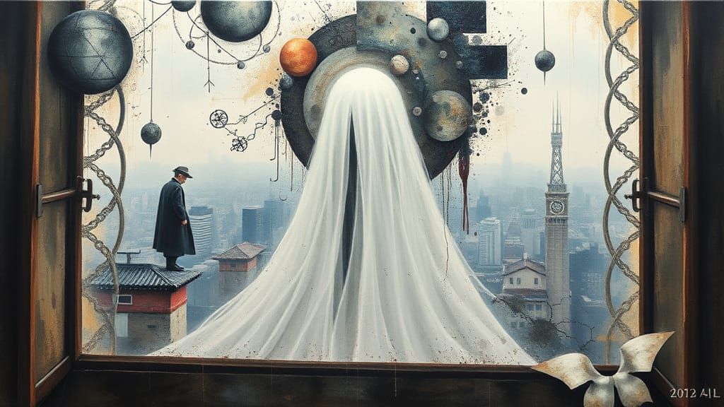 Ethereal Godlike Being Over Dystopian Cityscape as Impasto