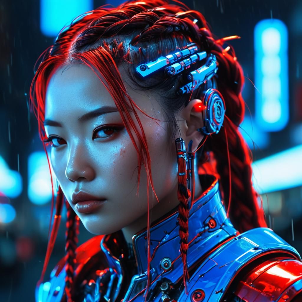 Cyberpunk Girl with Braided Hair and Cyborg Armor