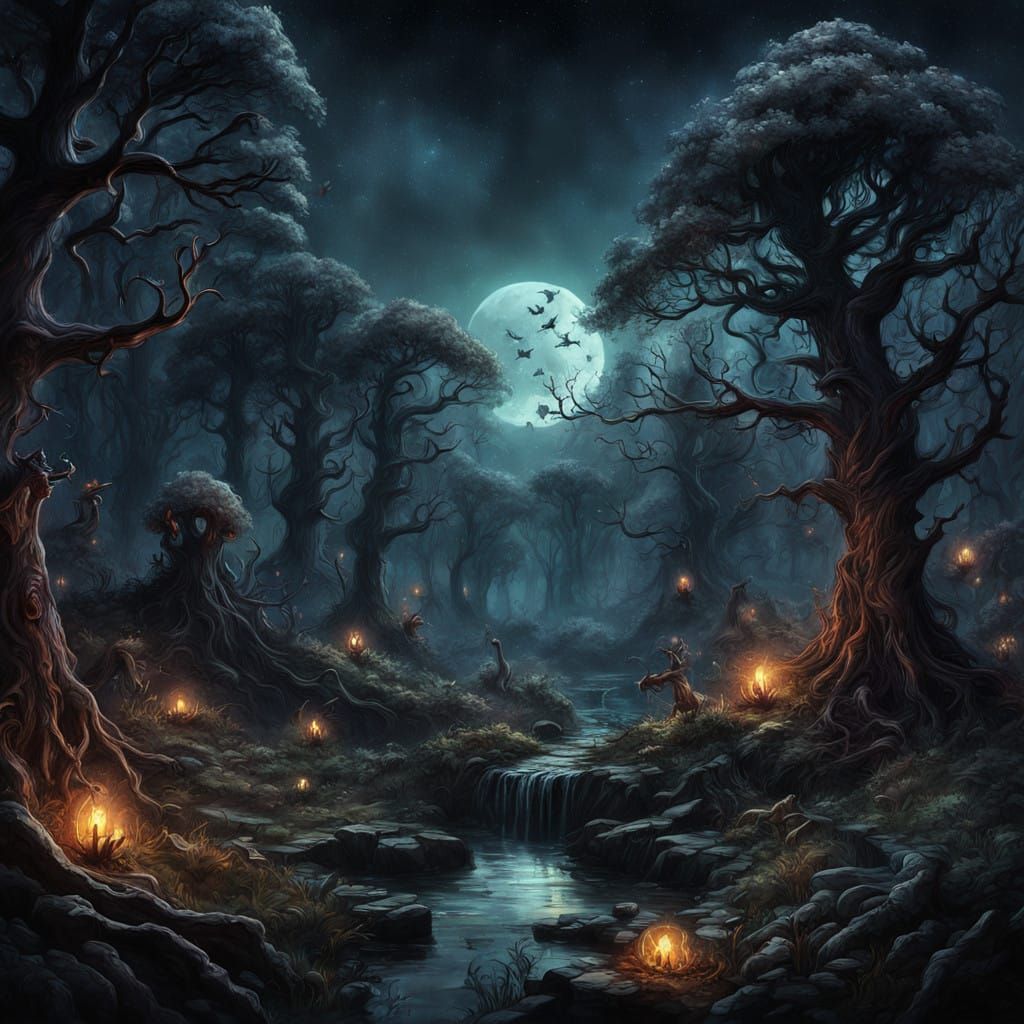 Surreal Dark Punk Landscape Under Celestial Canvas