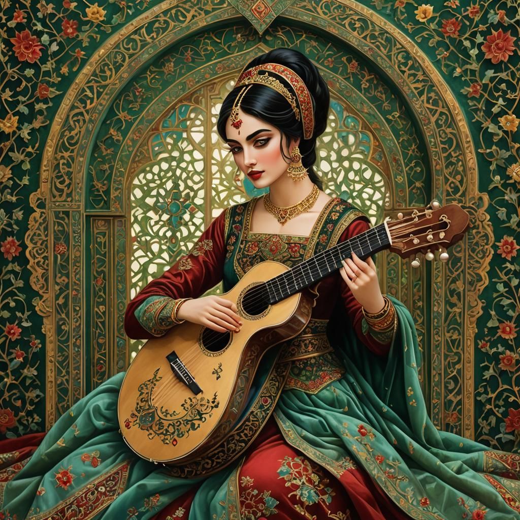 Persian Princess Playing Lute in Miniature Art Style