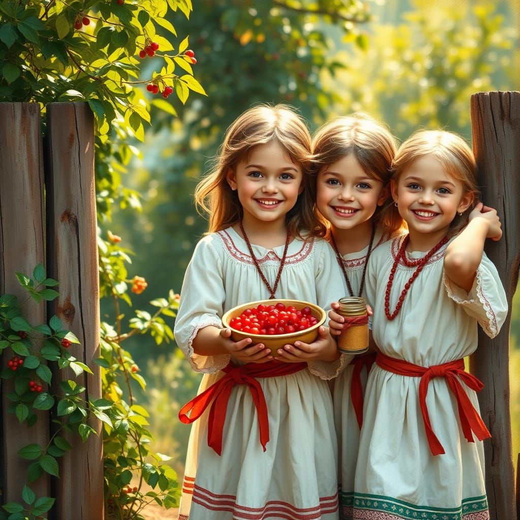 Joyful Girls in Rustic Setting with Berries