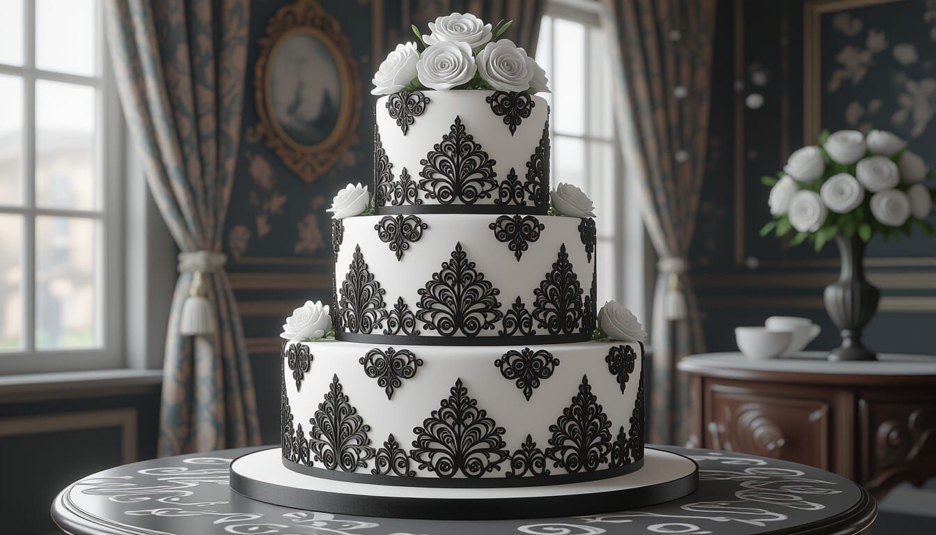 Whimsical Black and White Tiered Cake with Filigree