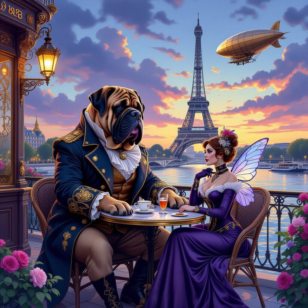 Steampunk Mastiff, Woman, and Fairy at Riverside Cafe