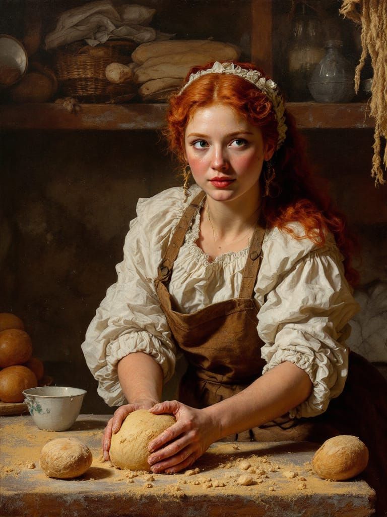 Redhead Baker Kneading Dough in Opulent Kitchen