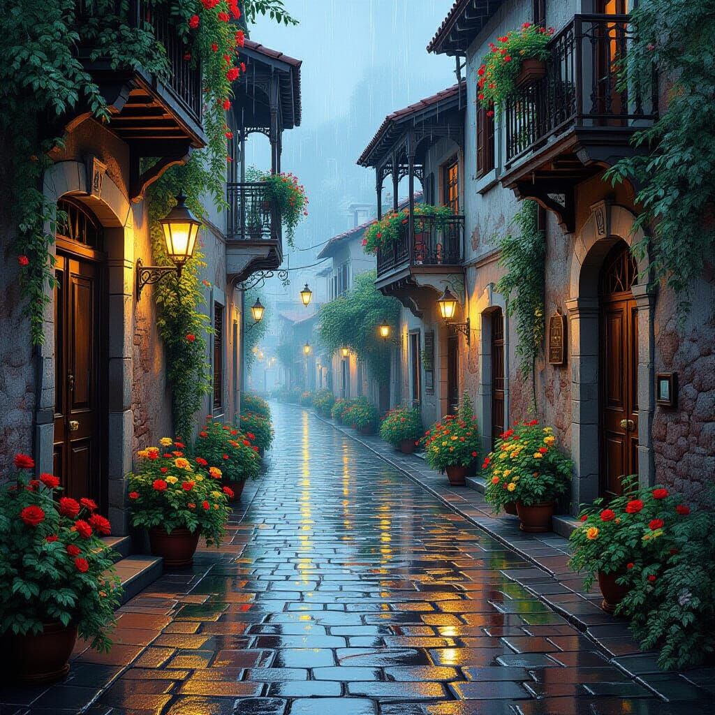 Dreamy Rainy Garden Street with Lantern Light