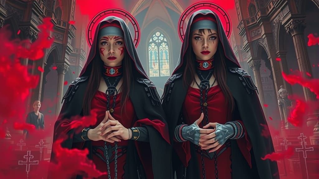 Gothic Nuns with Red Halos in Ruined Cathedral