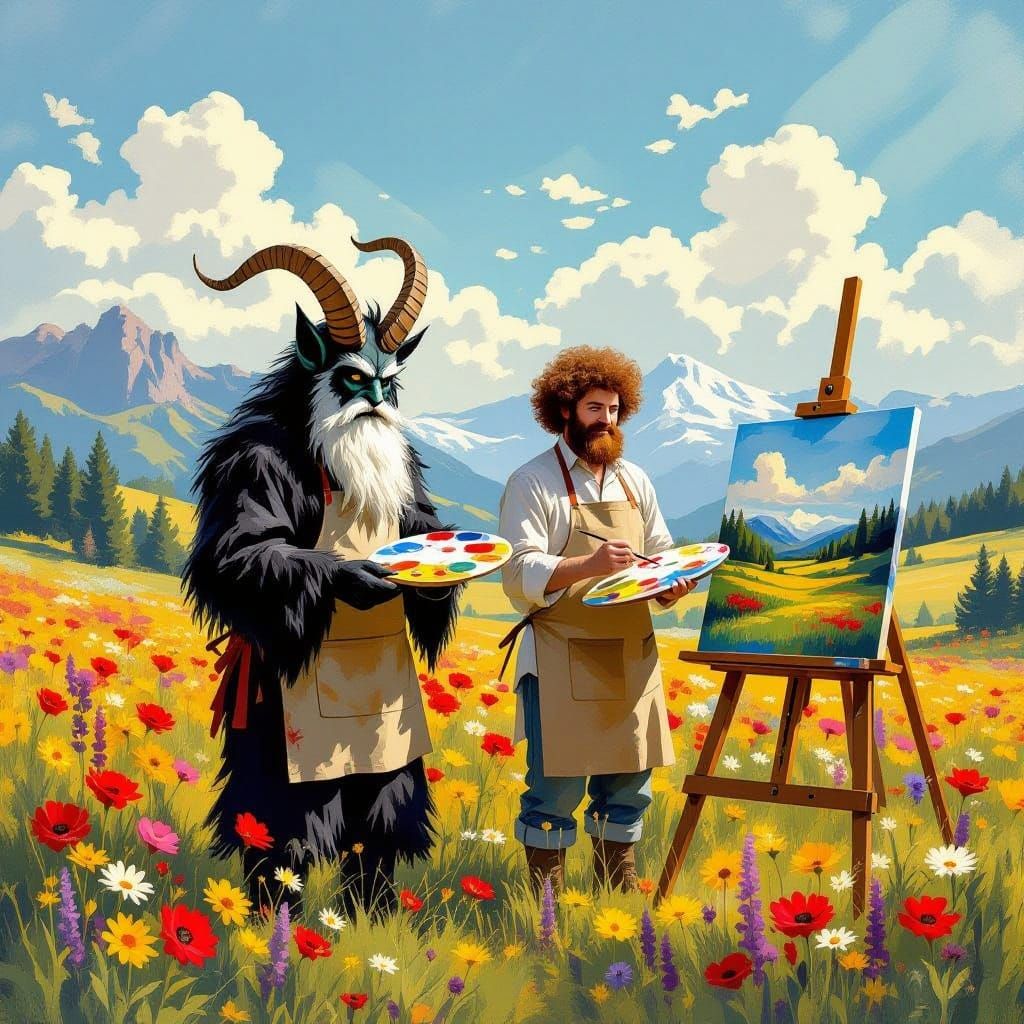 Krampus and Bob Ross Painting Landscapes