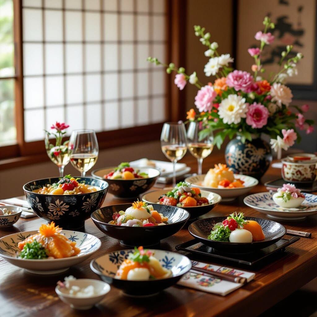 Authentic Japanese Table Setting with Flowers and Food