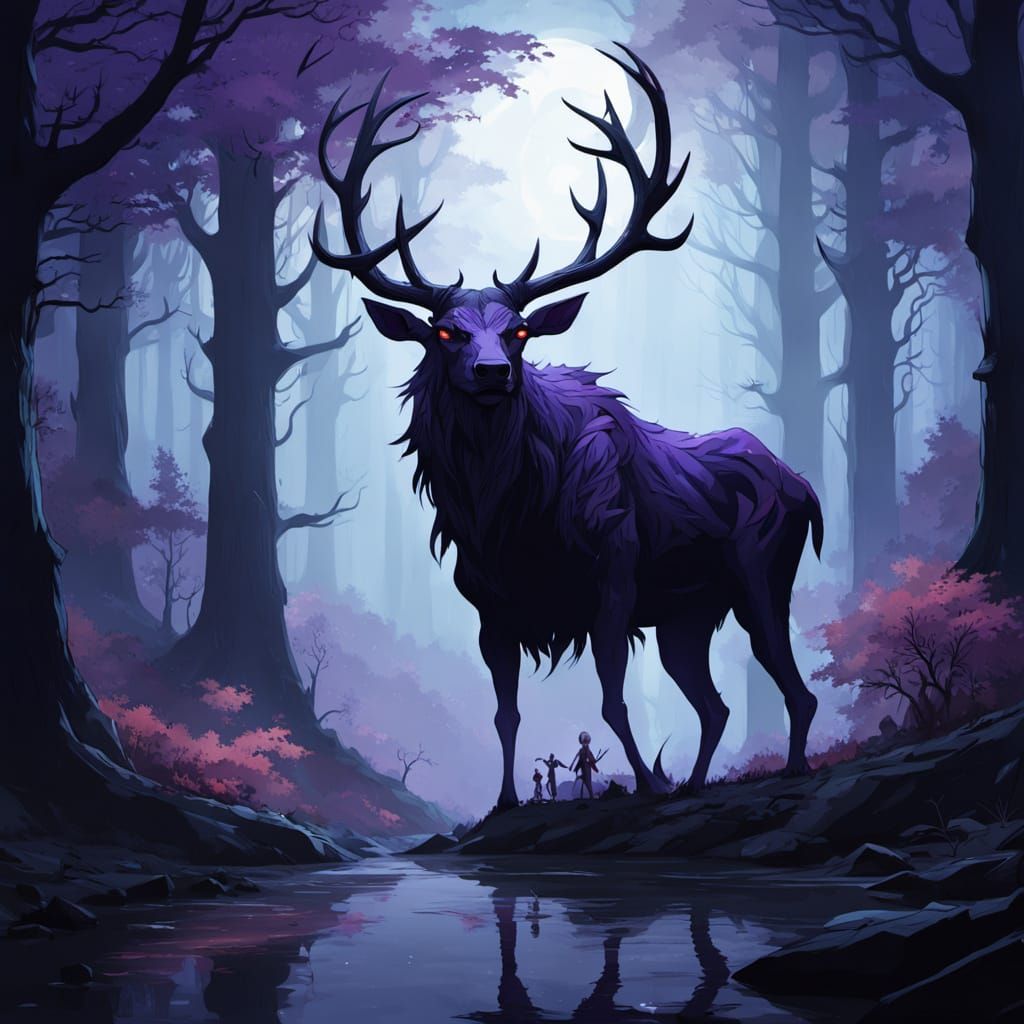 Dark Fantasy Wendigo Goddess in a Misty, Moonlit Forest