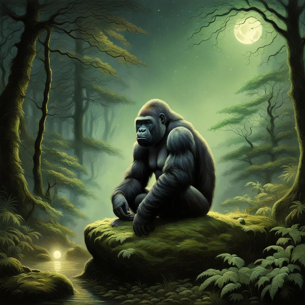 Gorilla in Moonlit Forest: Grimshaw-Style Oil Painting