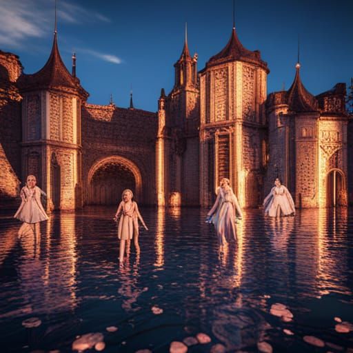 Fantasy Castle with Girls: Detailed Matte Painting