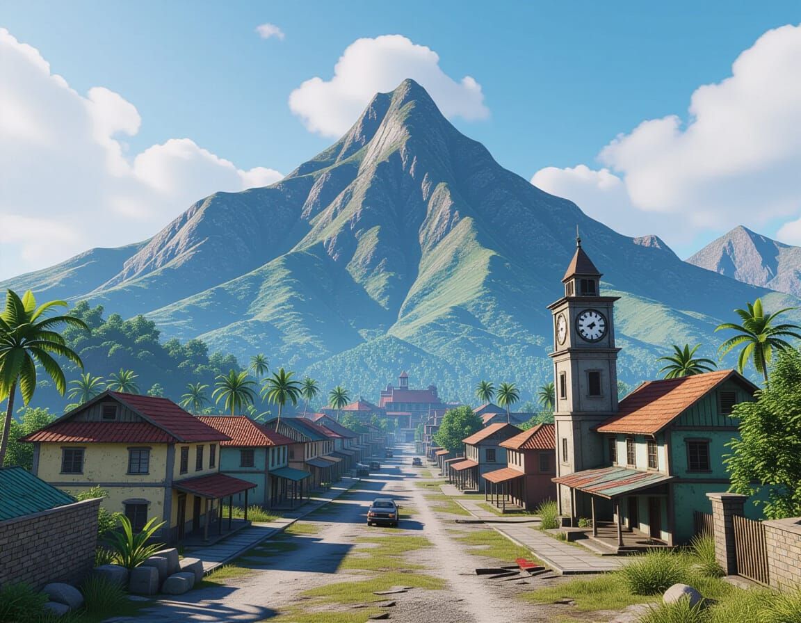 Realistic Mountain Town with Clock Tower