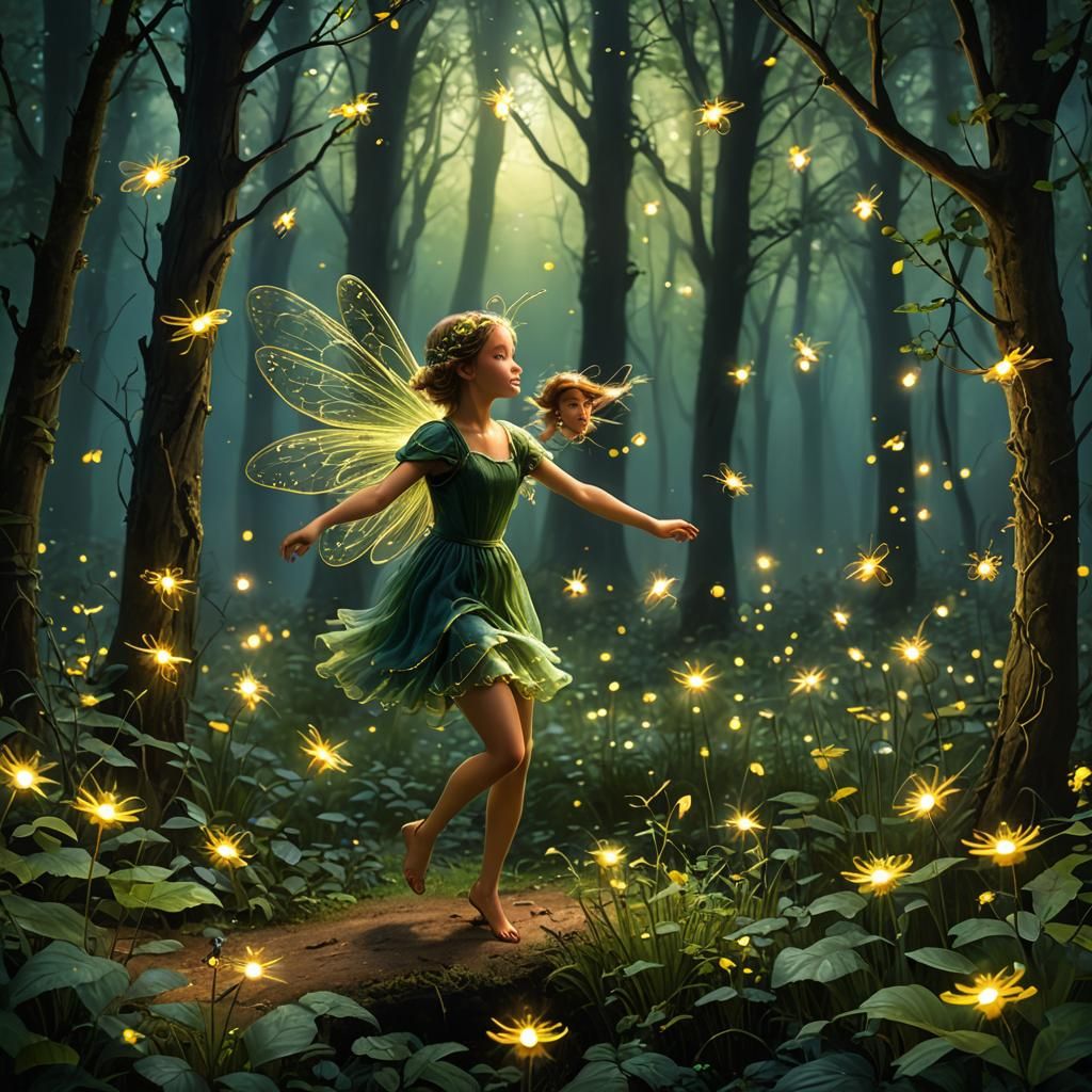 Enchanted Fairy Dance with Fireflies in Woodland