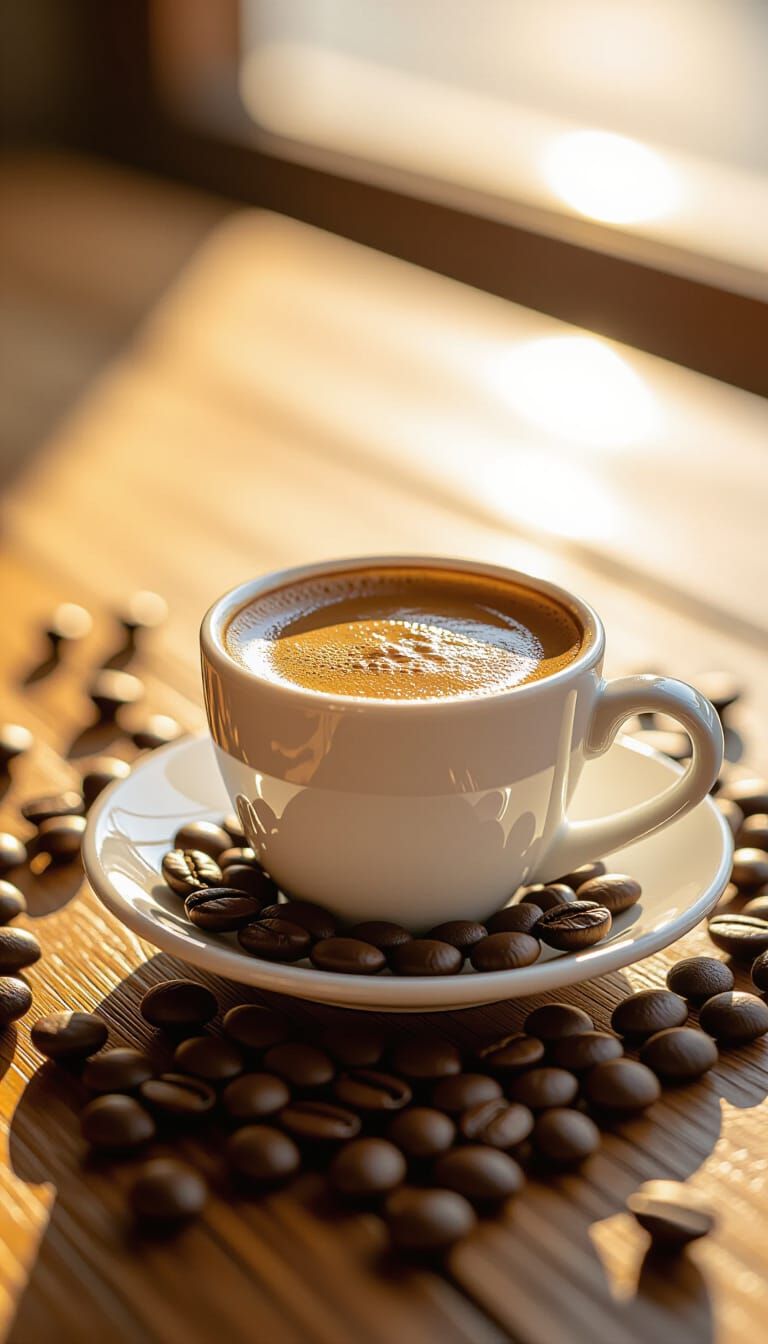Macro Espresso Cup with Rich Crema and Coffee Beans