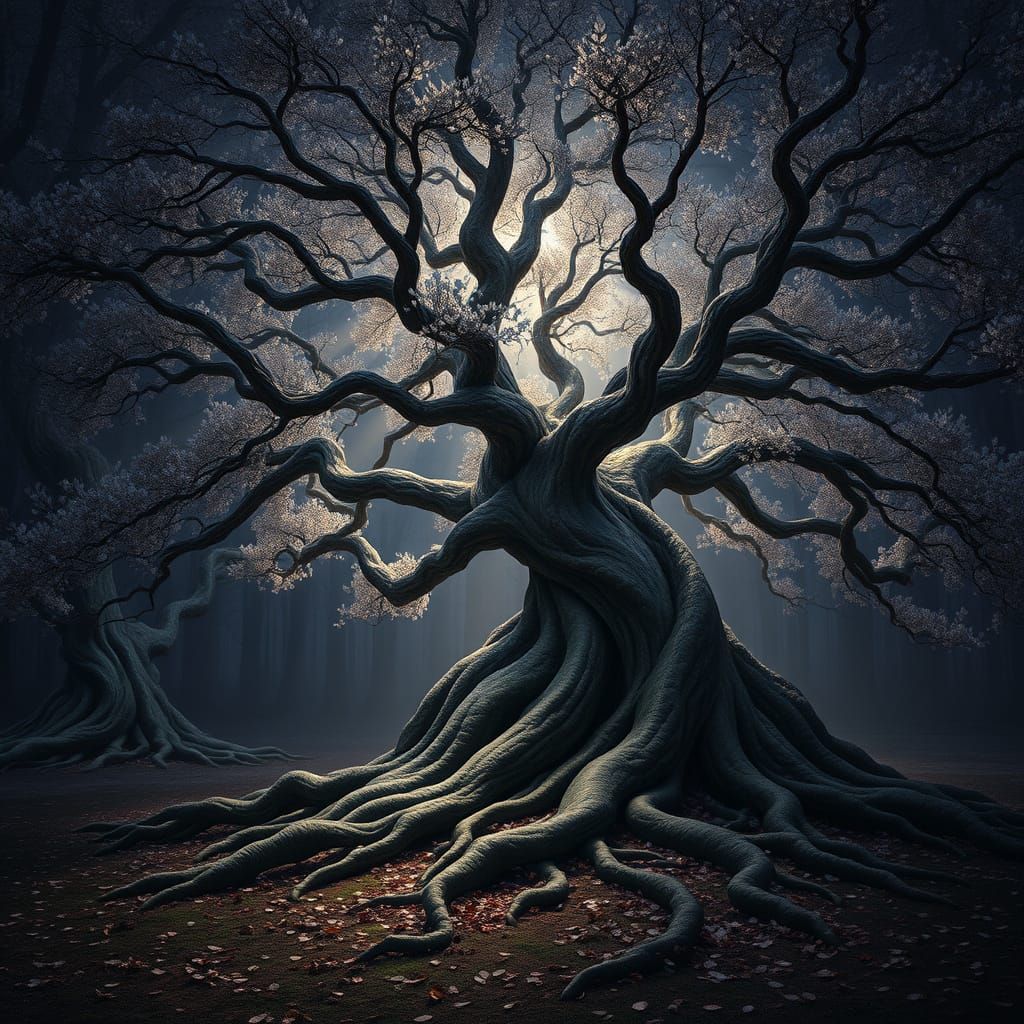 Ethereal Ash Tree in a Dark Fantasy Woodland