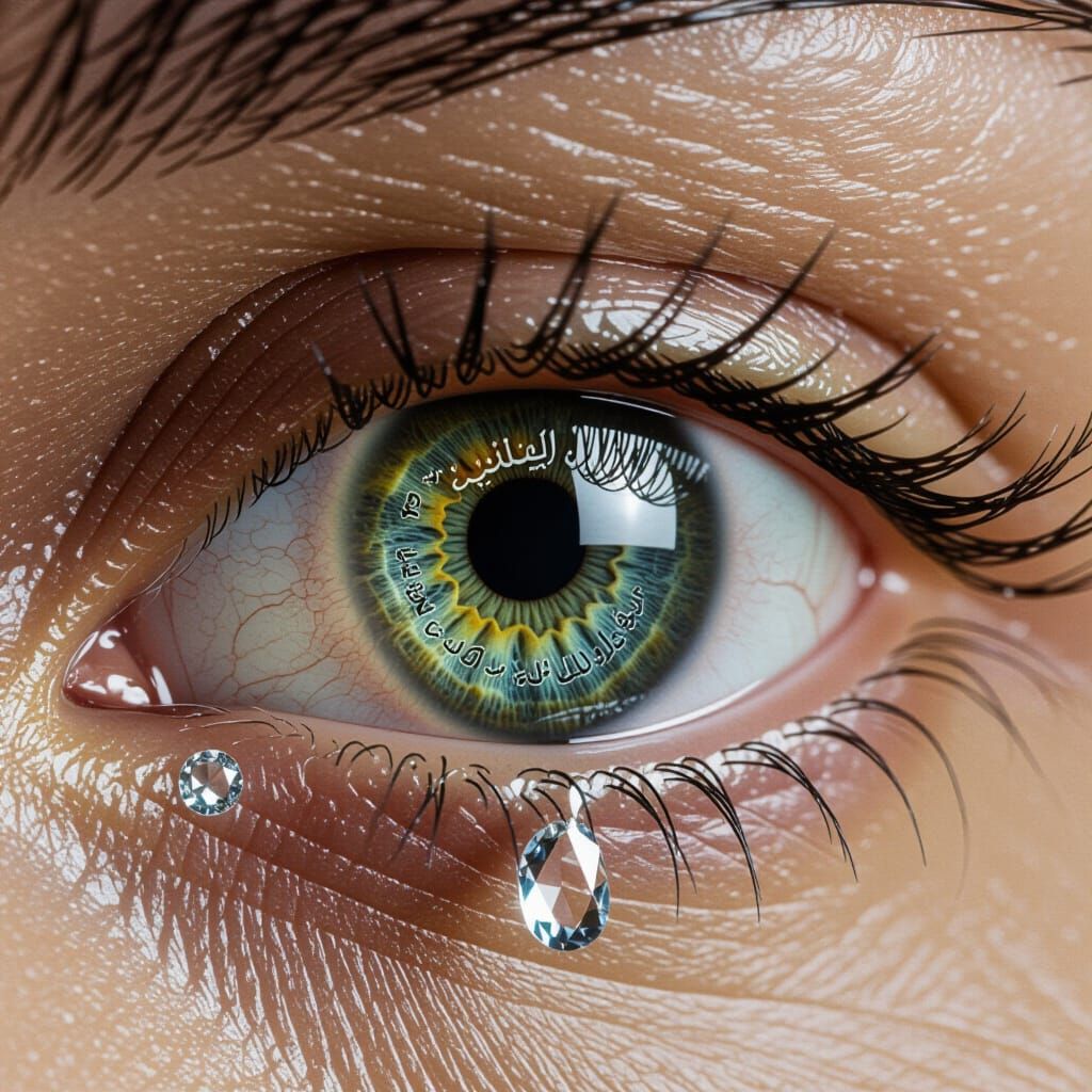 Macro Eye Reflection: Arabic Letters Crystallizing Tear