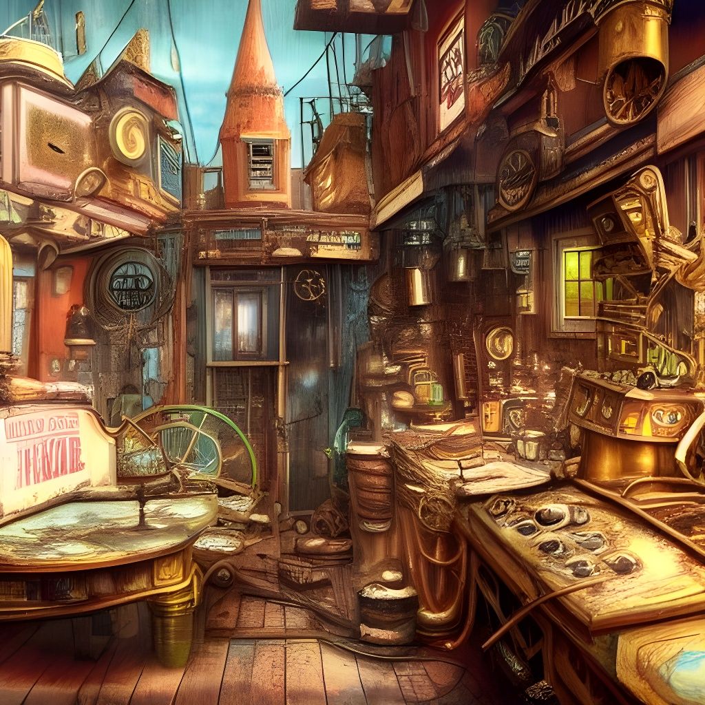 Inside a run down steampunk store