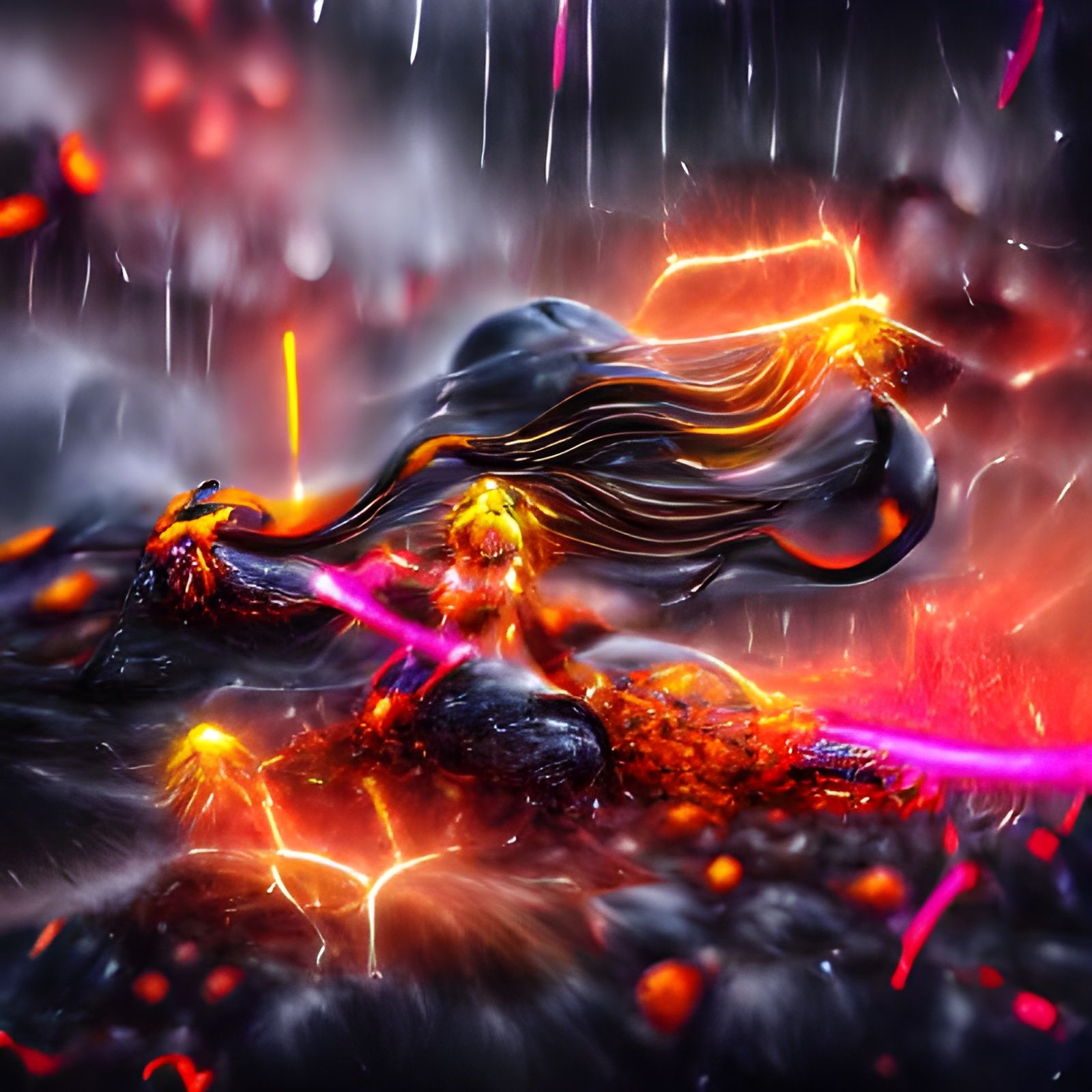 Battle Goddess in Cosmic Neon Rain, Digital Art