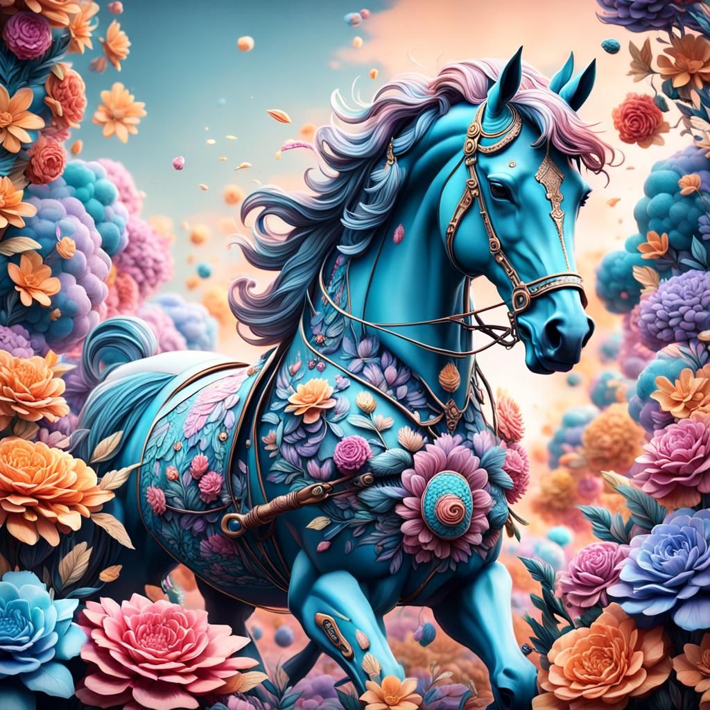 pastel horse with detailed and intricate big flowers