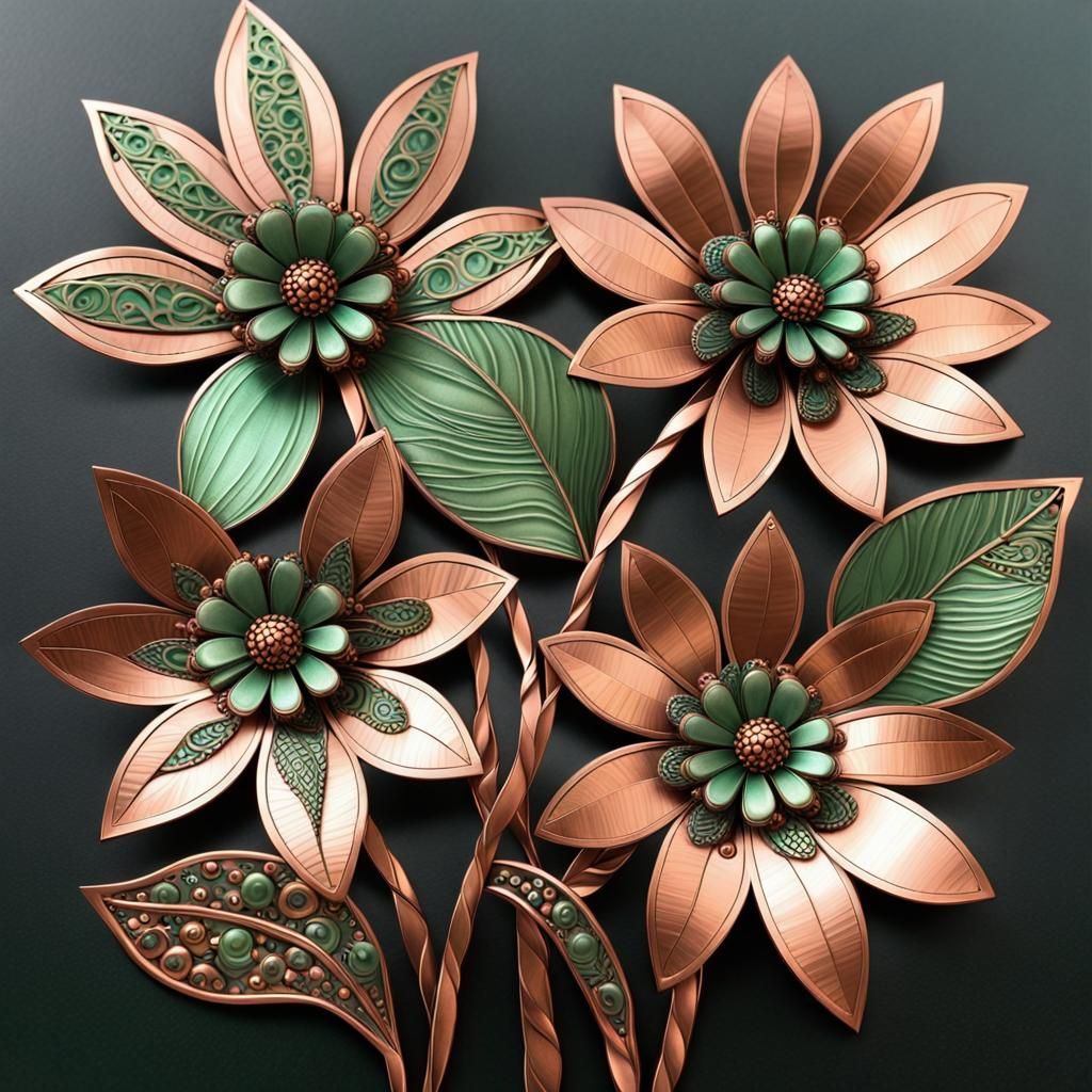 Metal Zentangle Flowers with Copper and Green