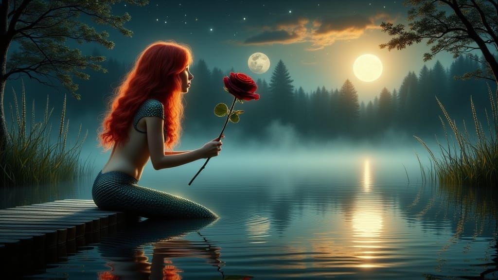 Elegant Mermaid in Enchanted Lake Scene